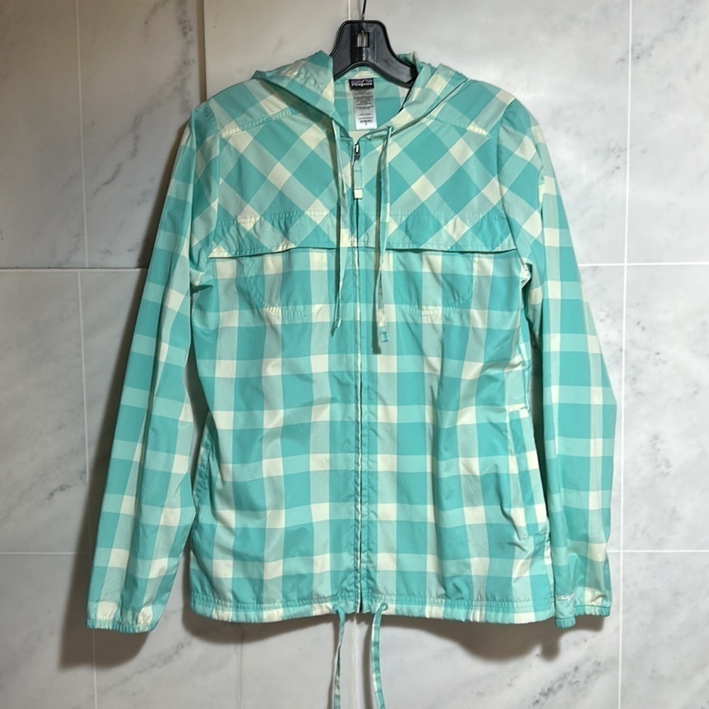 🤩Patagonia teal and ivory plaid zip hooded windbreaker women size Small